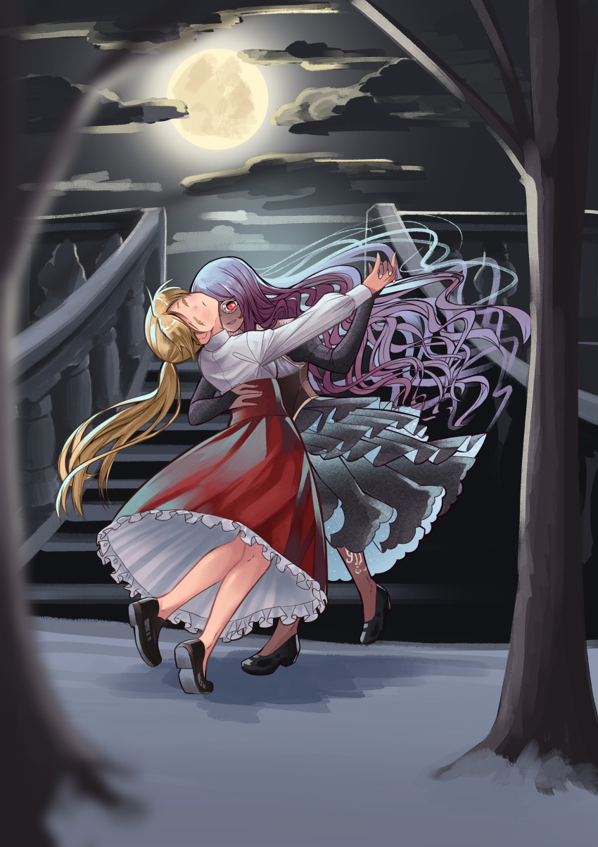 2girls, absurdres, alafare_zamfir_lazarescu, black_dress, blonde_hair, commission, commissioner_upload, dancing