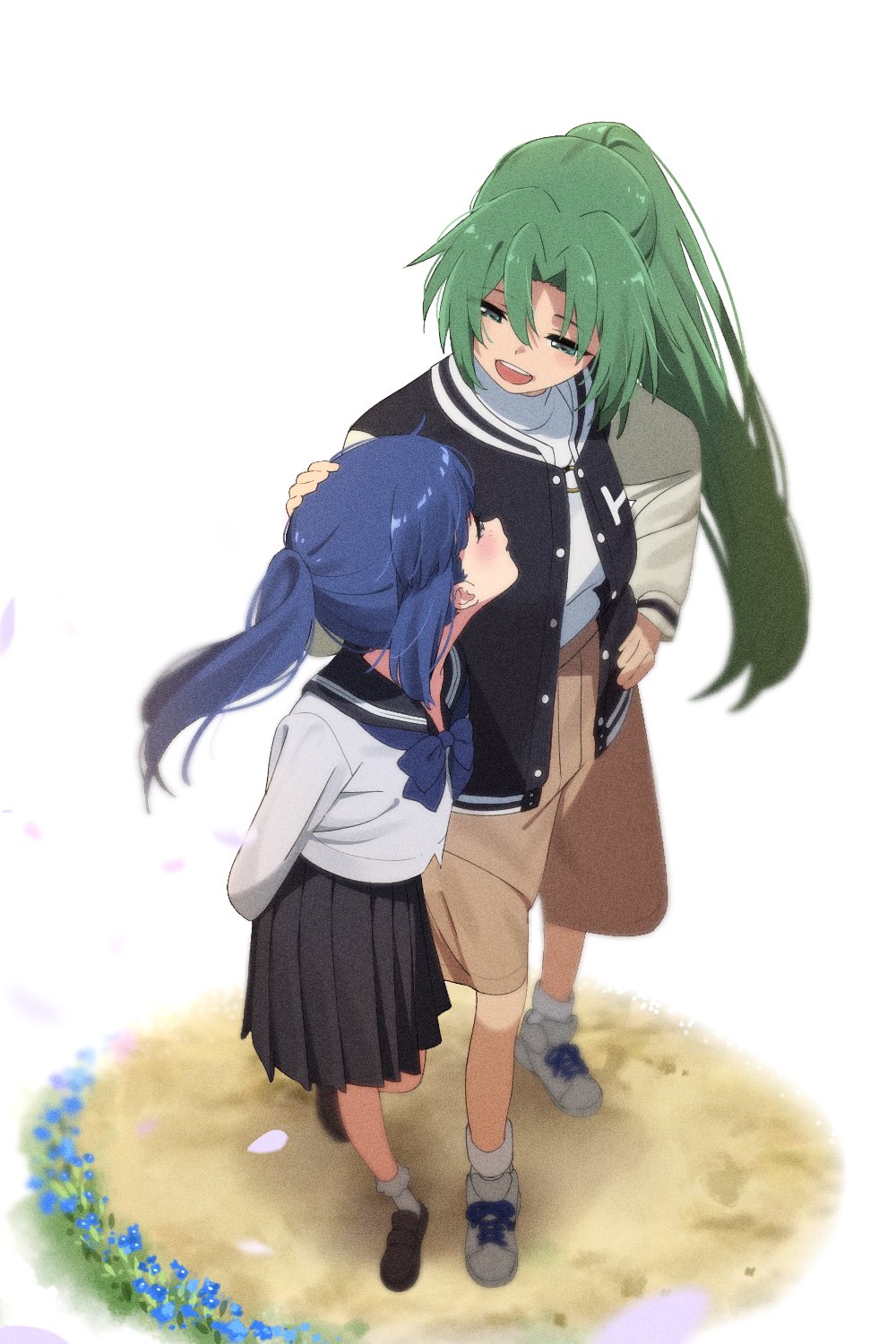 2girls, aru_aru, bangs, blue_hair, blunt_bangs, blush, collared_shirt, furude_rika