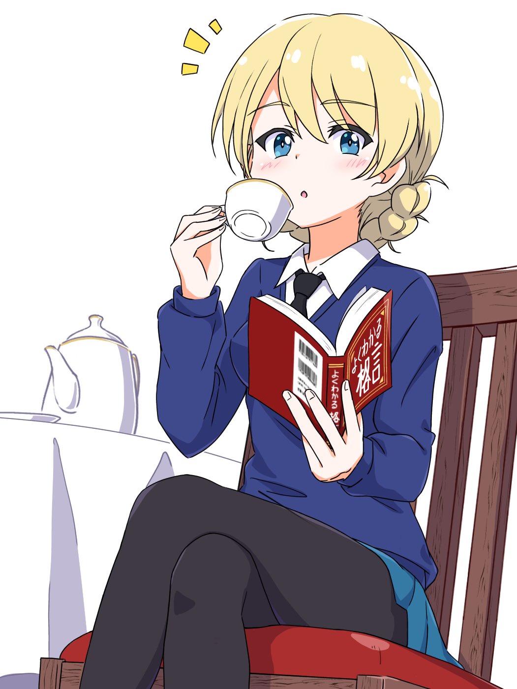 1girl, black_necktie, blonde_hair, blue_eyes, blue_shirt, blue_skirt, book, braid, chair, collared_shirt, crossed_legs, cup, darjeeling_(girls_und_panzer), eyebrows_visible_through_hair, girls_und_panzer, hachiko_(kota091986), highres, holding, holding_book, holding_cup, long_sleeves, looking_at_viewer, necktie, open_book, pantyhose, school_uniform, shirt, sitting, skirt, solo, st._gloriana's_school_uniform, table, teacup, teapot