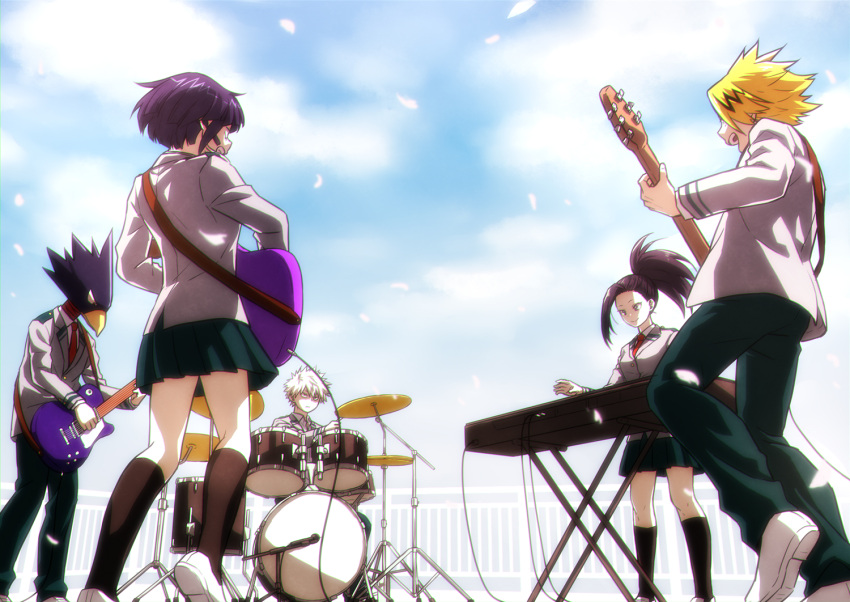 2girls, 3boys, animal_head, bakugou_katsuki, boku_no_hero_academia, clouds, cloudy_sky, cymbals, drum, drum_set, electric_guitar, guitar, holding, holding_instrument, instrument, jirou_kyouka, kaminari_denki, keyboard_(instrument), long_earlobes, long_hair, m_(yamaido), multiple_boys, multiple_girls, music, playing_instrument, purple_hair, school_uniform, short_hair, sky, tokoyami_fumikage, u.a._school_uniform, yaoyorozu_momo
