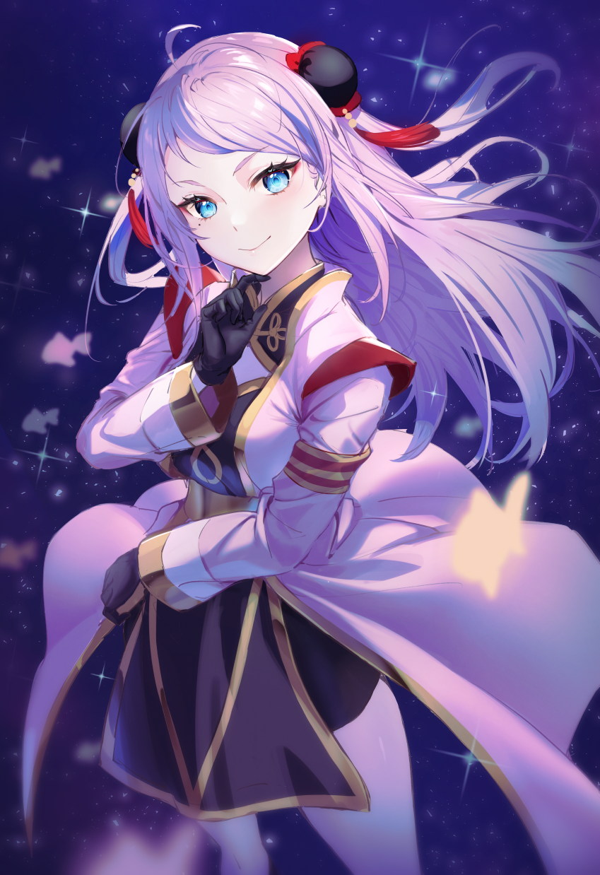 1girl, ahoge, akaike, bangs, black_gloves, blue_eyes, commentary, double_bun