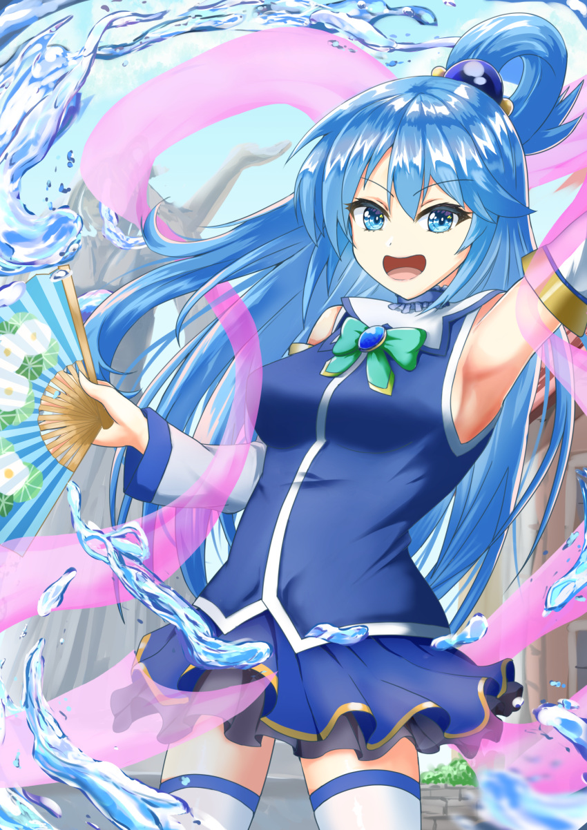 1girl, :d, aqua_(konosuba), arm_up, armpits, bare_shoulders, blue_eyes, blue_hair, blue_skirt, bow, breasts, commentary, cowboy_shot, detached_sleeves, eyebrows_visible_through_hair, eyelashes, forehead, frilled_skirt, frills, green_bow, hair_between_eyes, hair_bobbles, hair_ornament, hand_fan, highres, holding, kono_subarashii_sekai_ni_shukufuku_wo!, legs_apart, long_hair, open_mouth, outdoors, pink_sash, sash, skirt, smile, solo, standing, statue, suzuki_(white-world), thigh-highs, watercraft