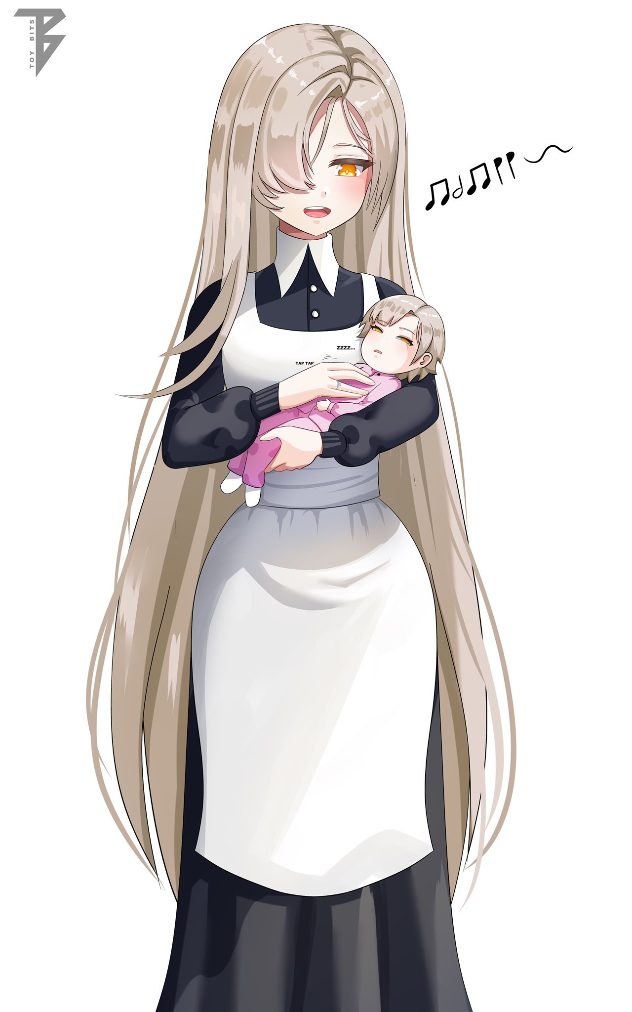 apron, asymmetrical_hair, azur_lane, baby, baby_carry, black_dress, carrying, collared_dress
