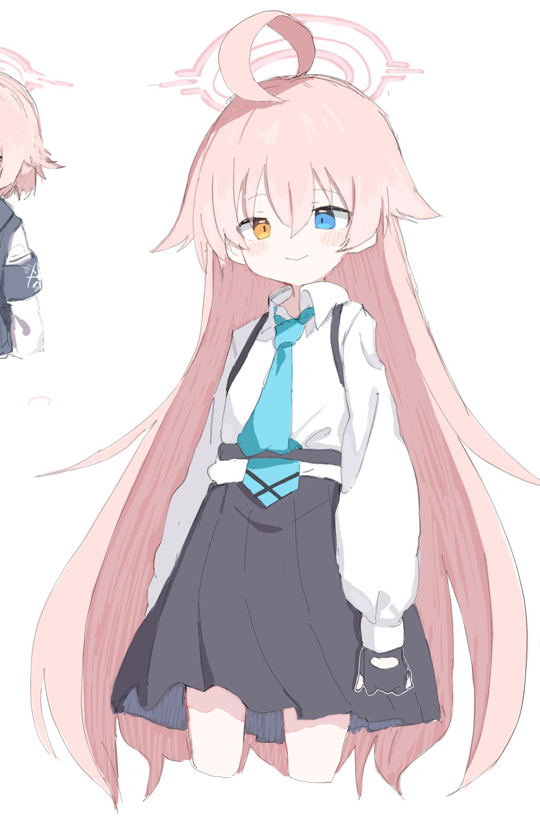 1girl, ahoge, aqua_necktie, bangs, black_gloves, black_skirt, blue_archive, blue_eyes