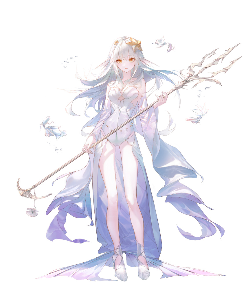 1girl, arm_at_side, breasts, closed_mouth, detached_sleeves, fish, grimlight, hand_up, head_fins, highres, holding, holding_trident, holding_weapon, ilmnsp, leotard, little_mermaid_(grimlight), long_hair, long_sleeves, looking_at_viewer, medium_breasts, official_art, polearm, shoes, simple_background, solo, standing, starfish, starfish_hair_ornament, strapless, strapless_leotard, transparent_background, trident, weapon, white_hair, yellow_eyes