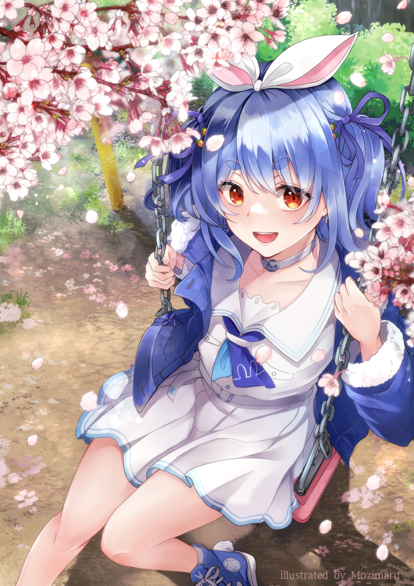 1girl, :d, absurdres, artist_name, bangs, belt, blue_footwear, blue_hair