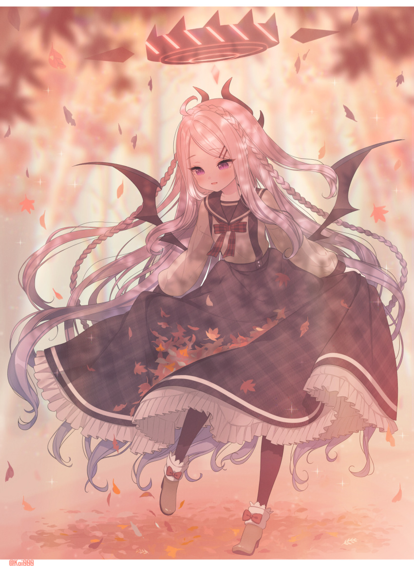 1girl, :d, ahoge, alternate_costume, alternate_uniform, artist_name, autumn, autumn_leaves