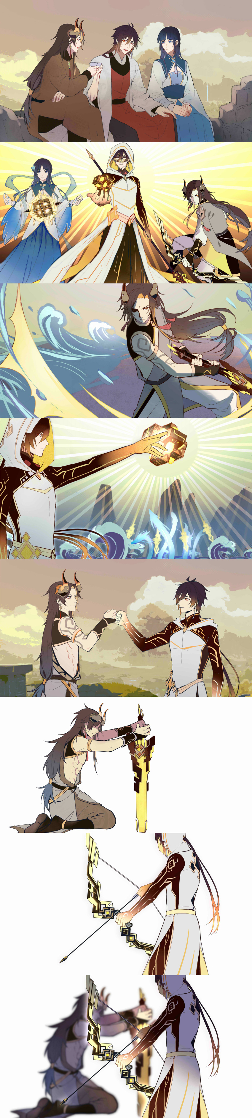 1girl, 2boys, absurdres, alternate_costume, arm_tattoo, arrow_(projectile), azhdaha_(genshin_impact), bangs