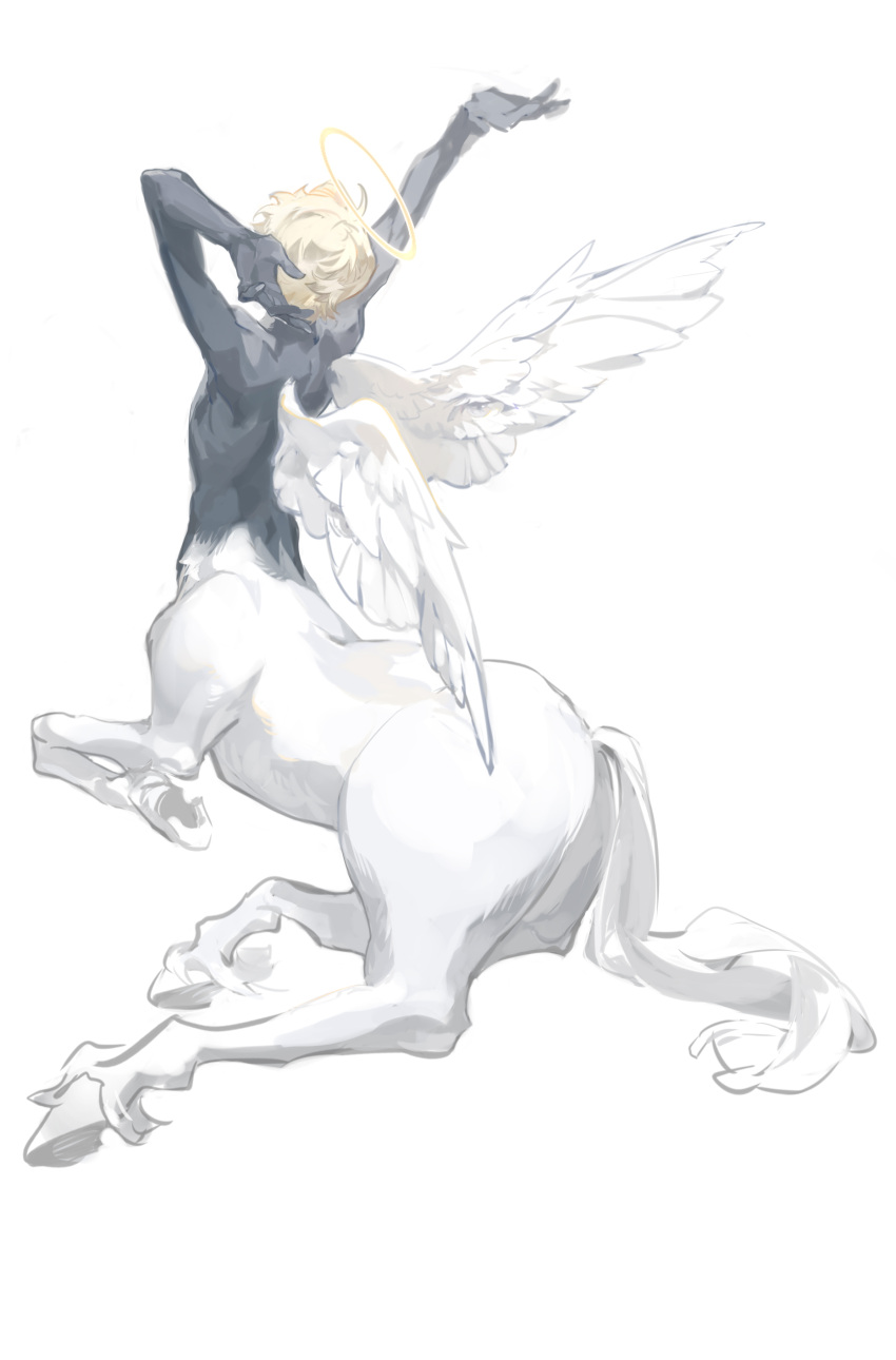 1boy, absurdres, angel, angel_wings, arm_behind_head, arms_up, black_skin, blonde_hair