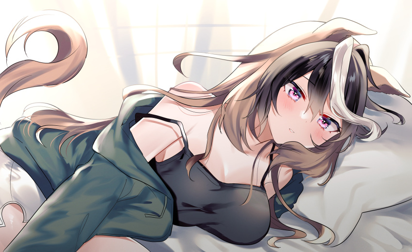 1girl, absurdres, alternate_costume, animal_ears, bare_shoulders, black_camisole, blush, brown_hair