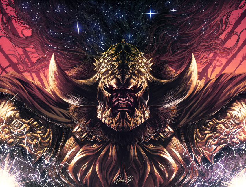 1boy, andrea_guardino, armor, black_sclera, breastplate, clenched_teeth, colored_sclera, commentary, elden_ring, english_commentary, fake_horns, helmet, highres, horned_helmet, horns, long_hair, looking_at_viewer, male_focus, pauldrons, redhead, shoulder_armor, solo, starscourge_radahn, teeth, upper_body, wide-eyed, yellow_eyes