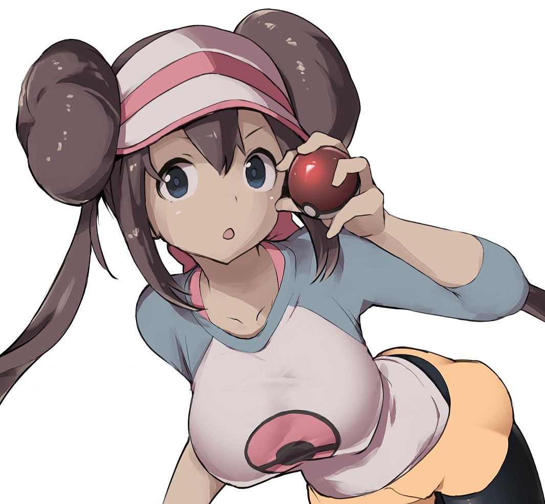 1girl, bag, black_legwear, blue_eyes, bow, brown_hair, double_bun, doughnut_hair_bun, ewokakuman, handbag, legwear_under_shorts, long_hair, pantyhose, pink_bow, poke_ball, poke_ball_(basic), pokemon, pokemon_(game), pokemon_bw2, raglan_sleeves, rosa_(pokemon), shoes, short_shorts, shorts, sneakers, solo, twintails, very_long_hair, visor_cap, yellow_shorts