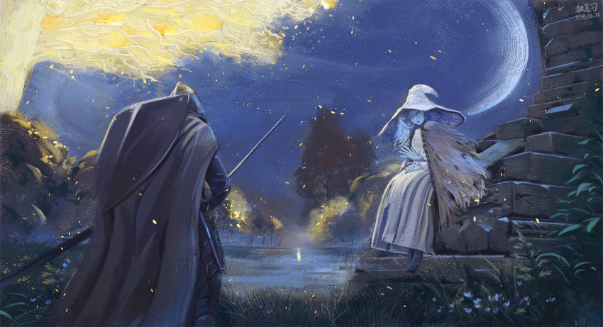 1boy, 1girl, blue_skin, cape, cloak, closed_mouth, colored_skin, crescent_moon, dress, elden_ring, erdtree_(elden_ring), extra_arms, extra_faces, fur_cloak, hat, highres, holding, holding_sword, holding_weapon, moon, mubis_(mubishuang), own_hands_together, ranni_the_witch, ruins, shield, site_of_grace, sitting, steepled_fingers, sword, tarnished_(elden_ring), vagabond_(elden_ring), weapon, white_dress, white_headwear, wide_shot, witch_hat