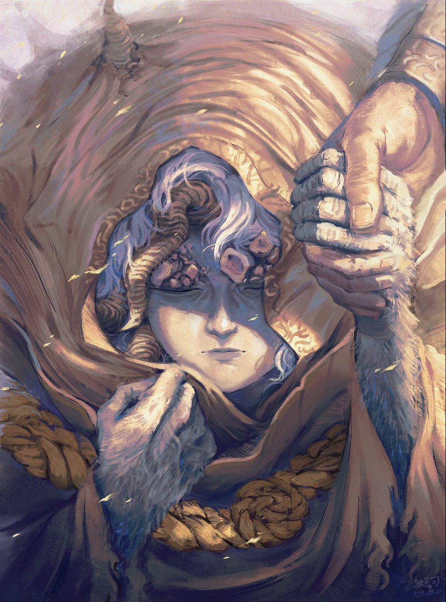 2boys, asymmetrical_horns, broken_horn, closed_eyes, closed_mouth, dated, elden_ring, facing_viewer, fur, highres, holding_hands, hood, hood_up, horns, horns_through_headwear, male_focus, margit_the_fell_omen, mubis_(mubishuang), multiple_boys, robe, signature, solo_focus, younger