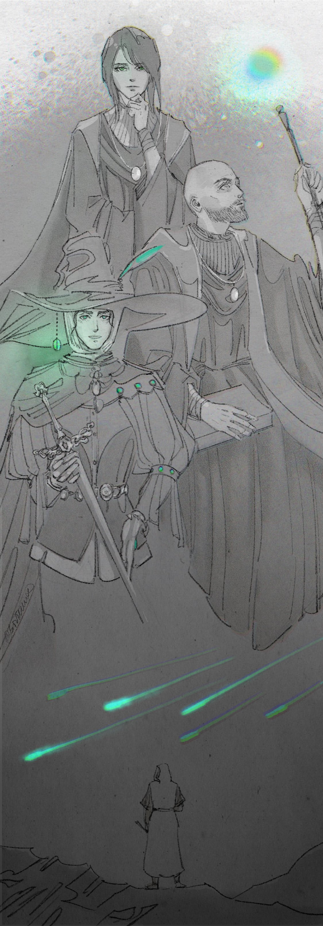 1girl, 1other, 2boys, absurdres, astrologer_(elden_ring), bald, beard, cape