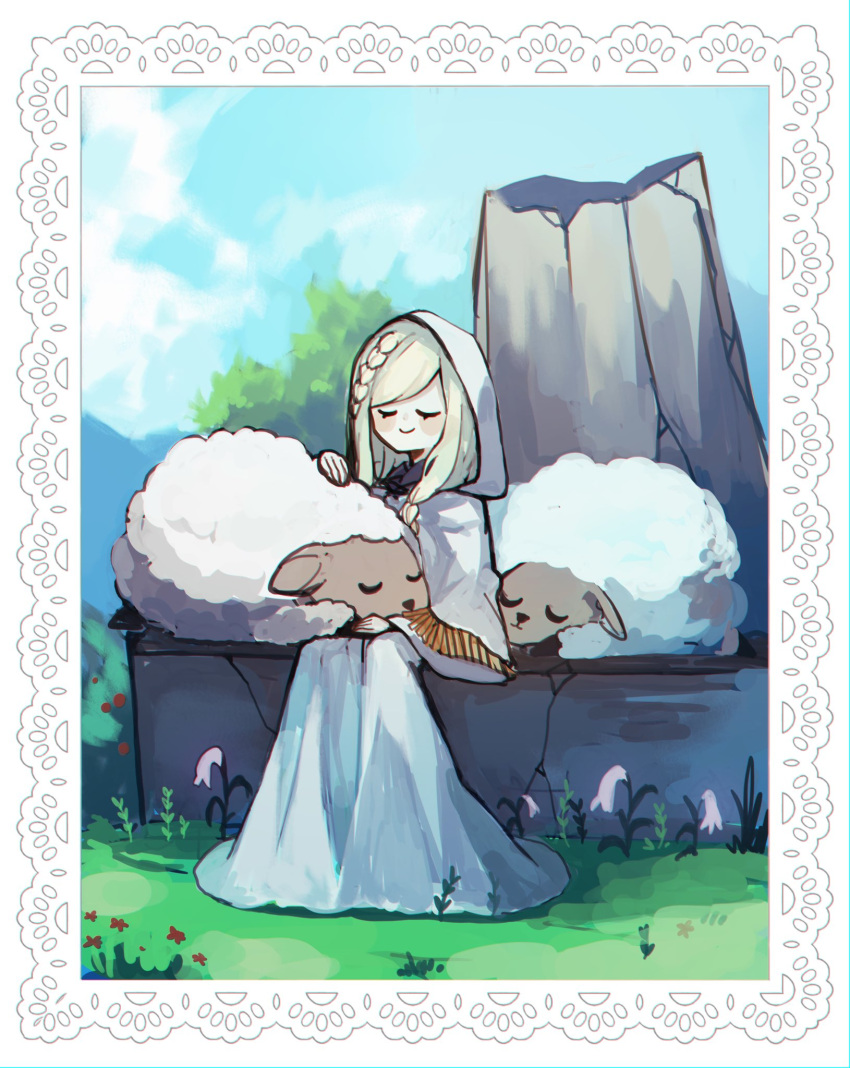 1boy, blonde_hair, blue_sky, blush_stickers, border, braid, closed_eyes, closed_mouth, day, dnuatun, dress, elden_ring, flower, framed, highres, hood, hood_up, long_hair, male_focus, miquella_(elden_ring), otoko_no_ko, outdoors, sheep, sitting, sky, smile, solo, tulip, u_u, white_border, white_dress