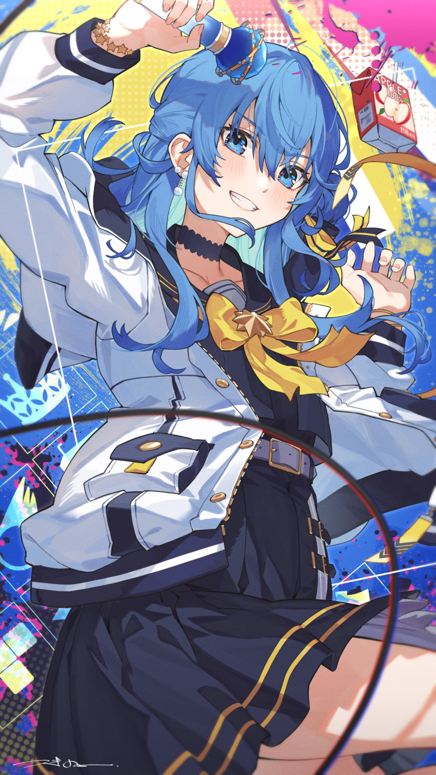 >:), 1girl, absurdres, apple_juice, bangs, belt, belt_buckle, blue_choker