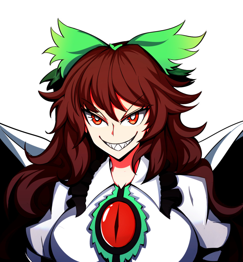 1girl, bangs, bird_wings, black_wings, bow, breasts, brown_hair, cape