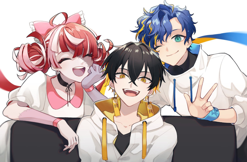 1girl, 2boys, ahoge, aqua_eyes, astel_leda, black_choker, black_hair, black_ribbon, blonde_hair, blue_hair, bow, choker, closed_eyes, closed_mouth, collarbone, colored_skin, double_bun, earrings, echo_(k_521212), eyebrows_visible_through_hair, frilled_bow, frills, grey_background, grey_skin, hair_between_eyes, hair_bun, head_rest, highres, hololive, hololive_indonesia, holostars, jacket, jewelry, kureiji_ollie, long_hair, multicolored_hair, multiple_boys, one_eye_closed, open_mouth, patchwork_skin, pink_bow, pink_hair, pink_skin, redhead, ribbon, simple_background, slit_pupils, smile, star_(symbol), star_print, stitches, streaked_hair, teeth, tongue, turtleneck, upper_teeth, w, white_hair, white_jacket, wristband, yatogami_fuma, yellow_eyes