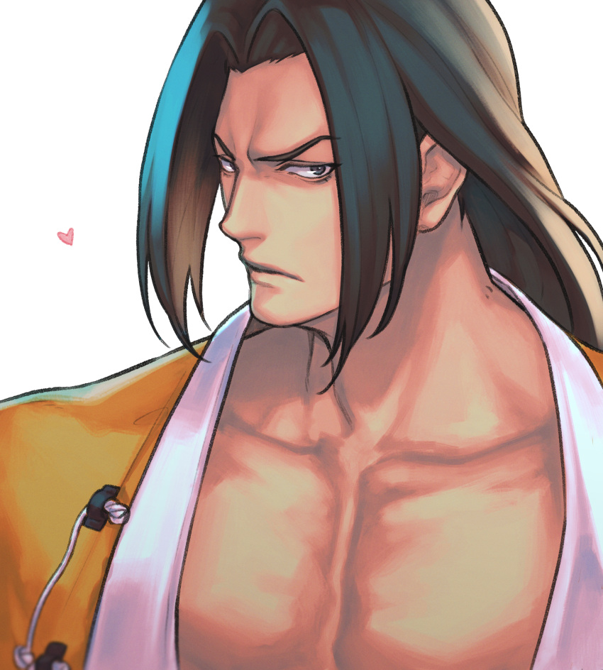 1boy, black_hair, chinese_clothes, closed_mouth, collarbone, commentary, english_commentary, fatal_fury, garou:_mark_of_the_wolves, gato_(snk), grey_eyes, heart, highres, ktovhinao, long_hair, looking_at_viewer, male_focus, pectoral_cleavage, pectorals, serious, simple_background, solo, the_king_of_fighters, the_king_of_fighters_xv, upper_body, white_background