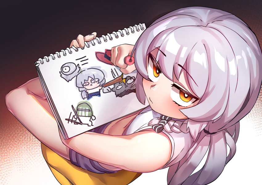 1boy, absurdres, bow, braid, closed_mouth, drawing, eyebrows_visible_through_hair, from_above