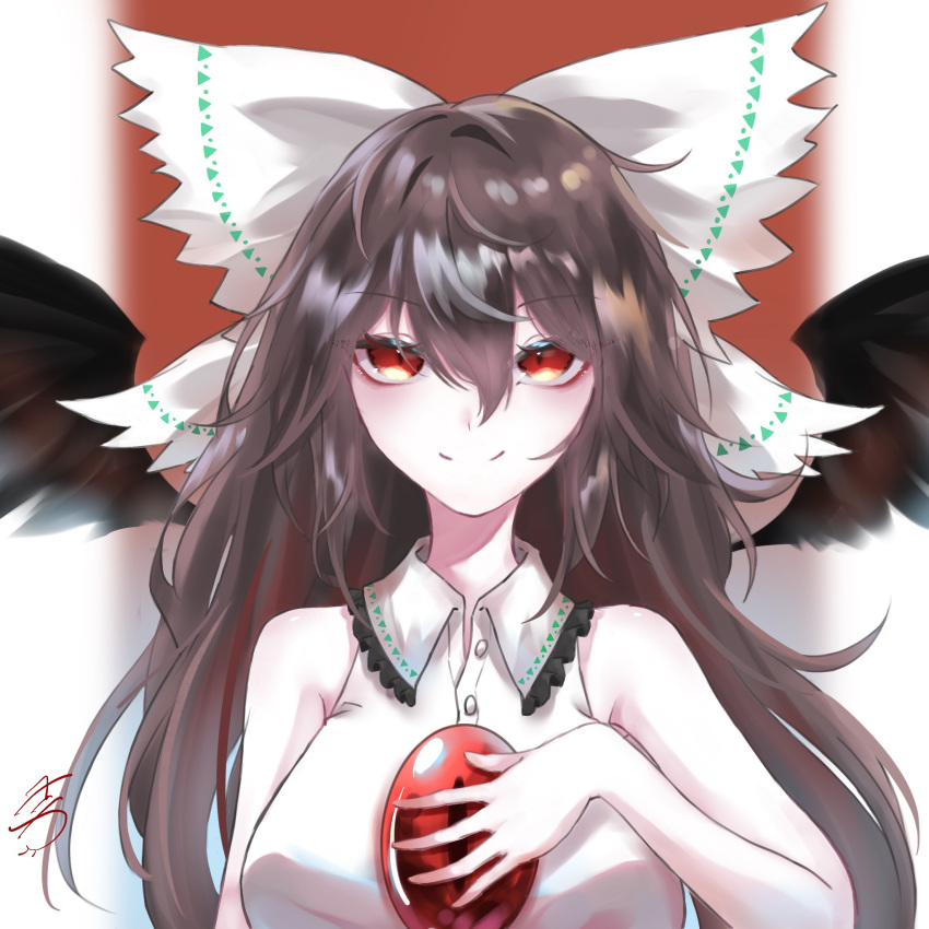 1girl, 4_shika, bangs, bird_wings, black_wings, bow, breasts, brown_eyes