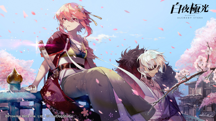 1boy, 1girl, absurdres, alchemy_stars, antique_firearm, architecture, artist_request, bandaged_chest, bandages, bangs, cherry_blossoms, choker, coat, coat_on_shoulders, company_name, copyright, copyright_name, day, east_asian_architecture, eyepatch, firelock, flintlock, fur-trimmed_coat, fur_trim, gloves, green_kimono, gun, hair_ornament, highres, hiiro_(alchemy_stars), japanese_clothes, jewelry, katana, kimono, long_hair, looking_at_viewer, necklace, official_art, outdoors, parted_lips, pink_eyes, red_robe, sash, sitting, sword, tabi, taki_(alchemy_stars), teeth, tree, weapon, white_gloves, white_hair