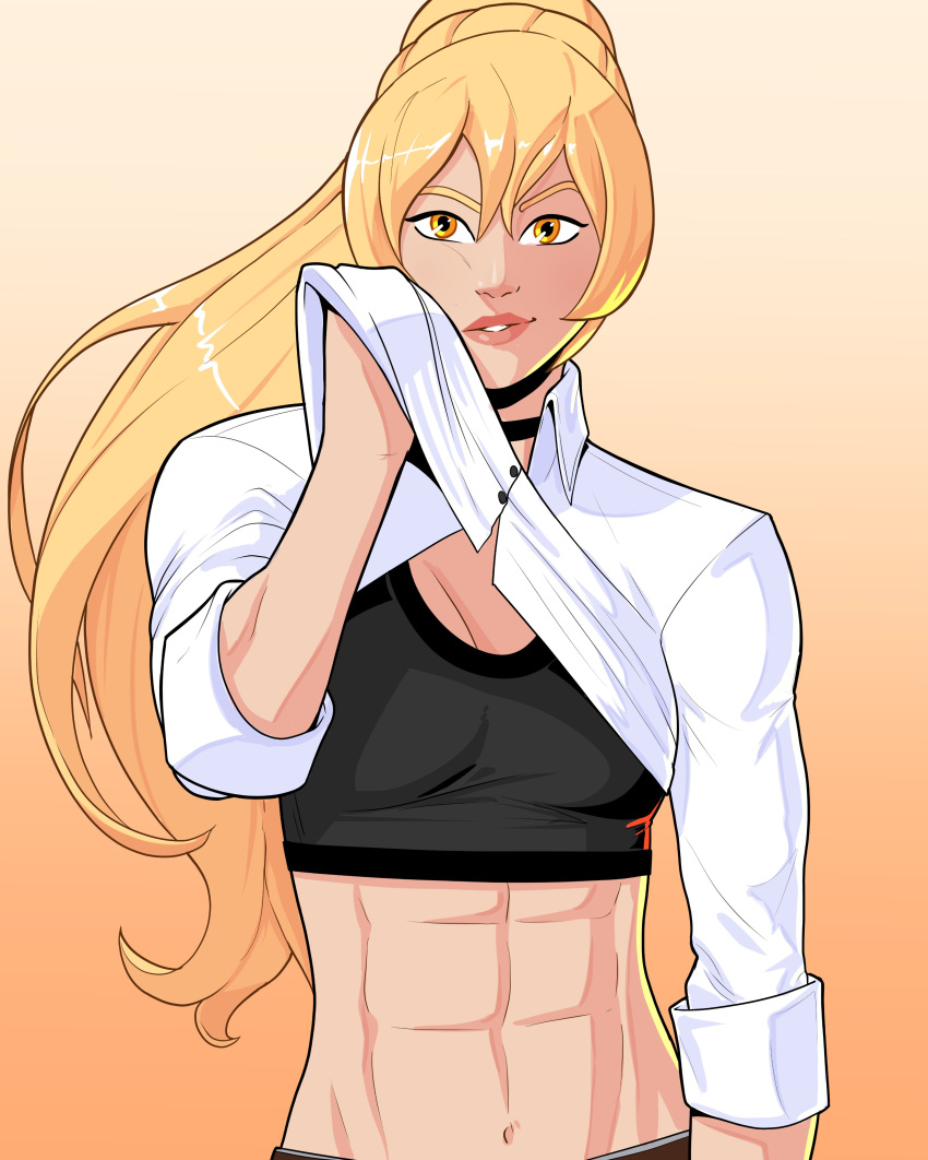 1girl, abs, absurdres, black_bra, blonde_hair, bra, cadhla182, choker, clothes_lift, commission, commissioner_upload, gradient, gradient_background, highres, katherine_orlovsky, muscular, muscular_female, original, ponytail, shirt, shirt_lift, solo, sports_bra, underwear, white_shirt, wiping_face, yellow_background, yellow_eyes