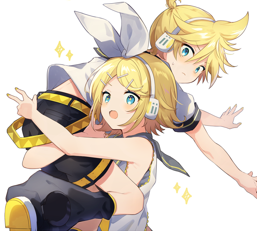 >:(, +_+, :3, ahoge, back_peek, bare_shoulders, blonde_hair, blue_eyes