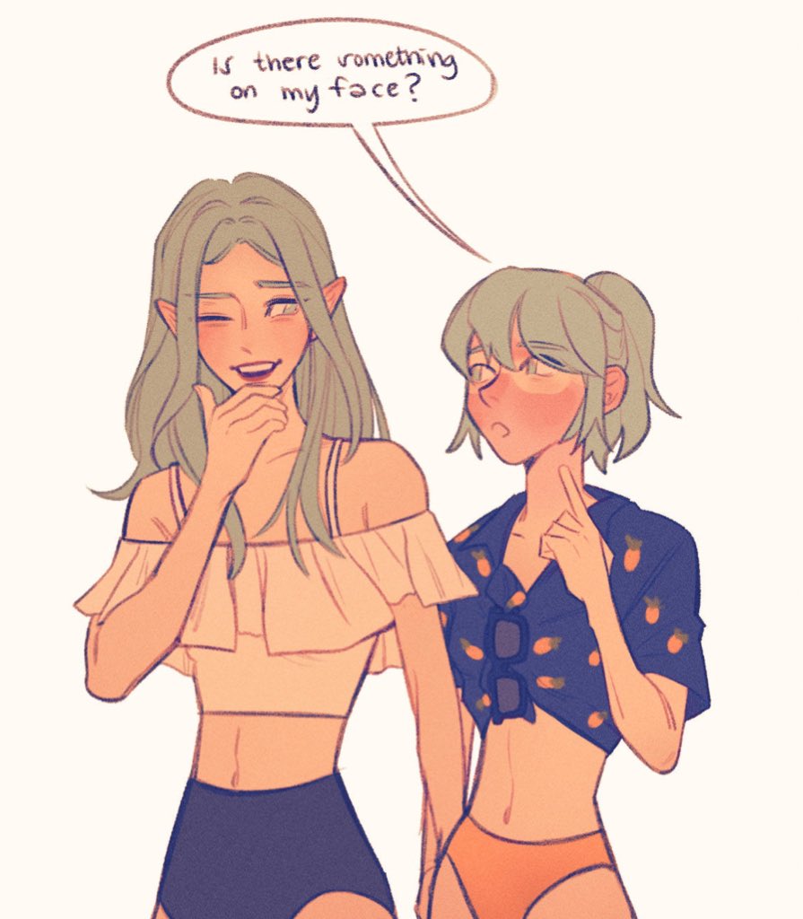 2girls, alternate_hairstyle, blue_shirt, byleth_(fire_emblem), byleth_eisner_(female), english_text, eye_contact, eyebrows_visible_through_hair