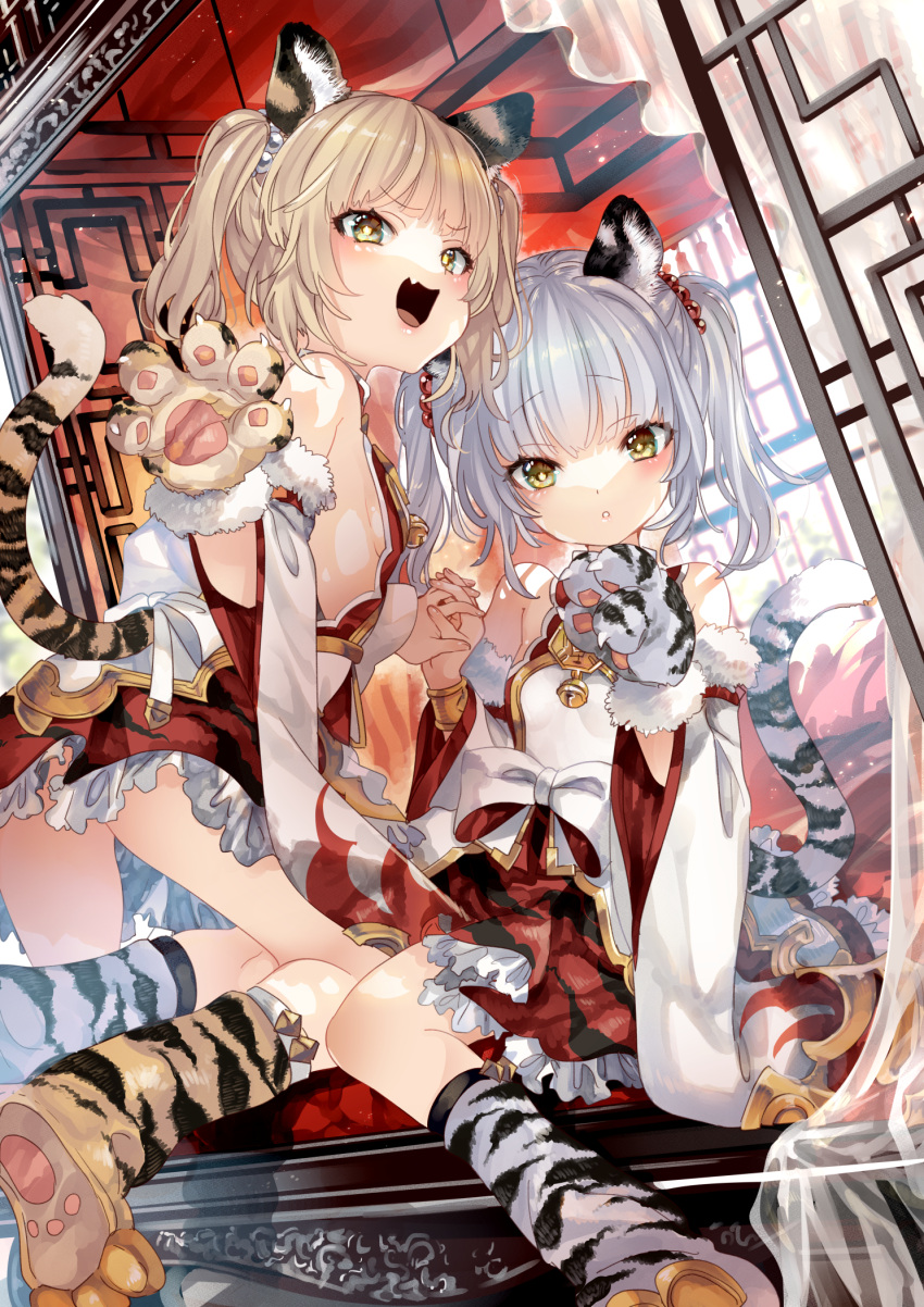 2girls, animal_ears, animal_hands, animal_print, bai_(granblue_fantasy), bare_shoulders, blonde_hair, blush