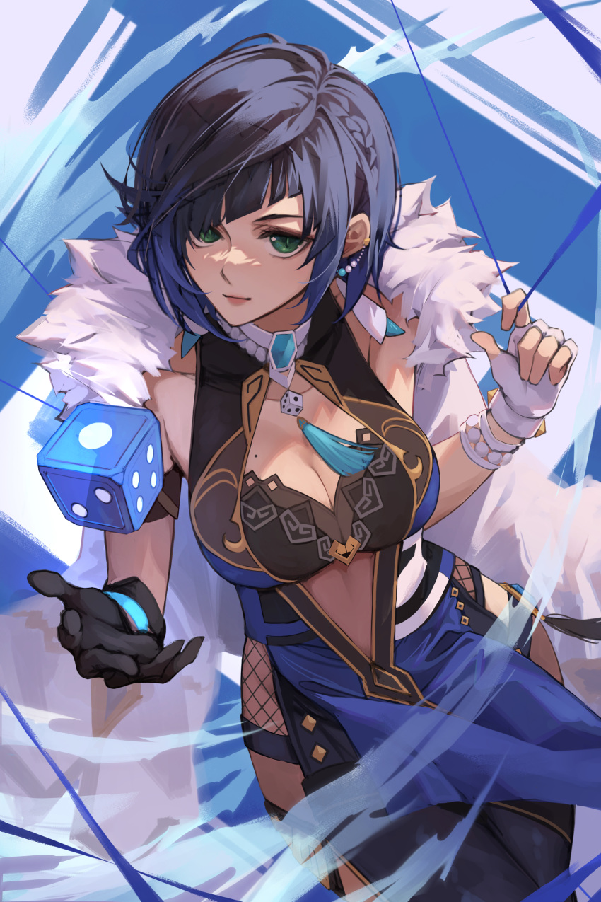 1girl, absurdres, black_gloves, blue_dress, blue_hair, bob_cut, braid, breasts
