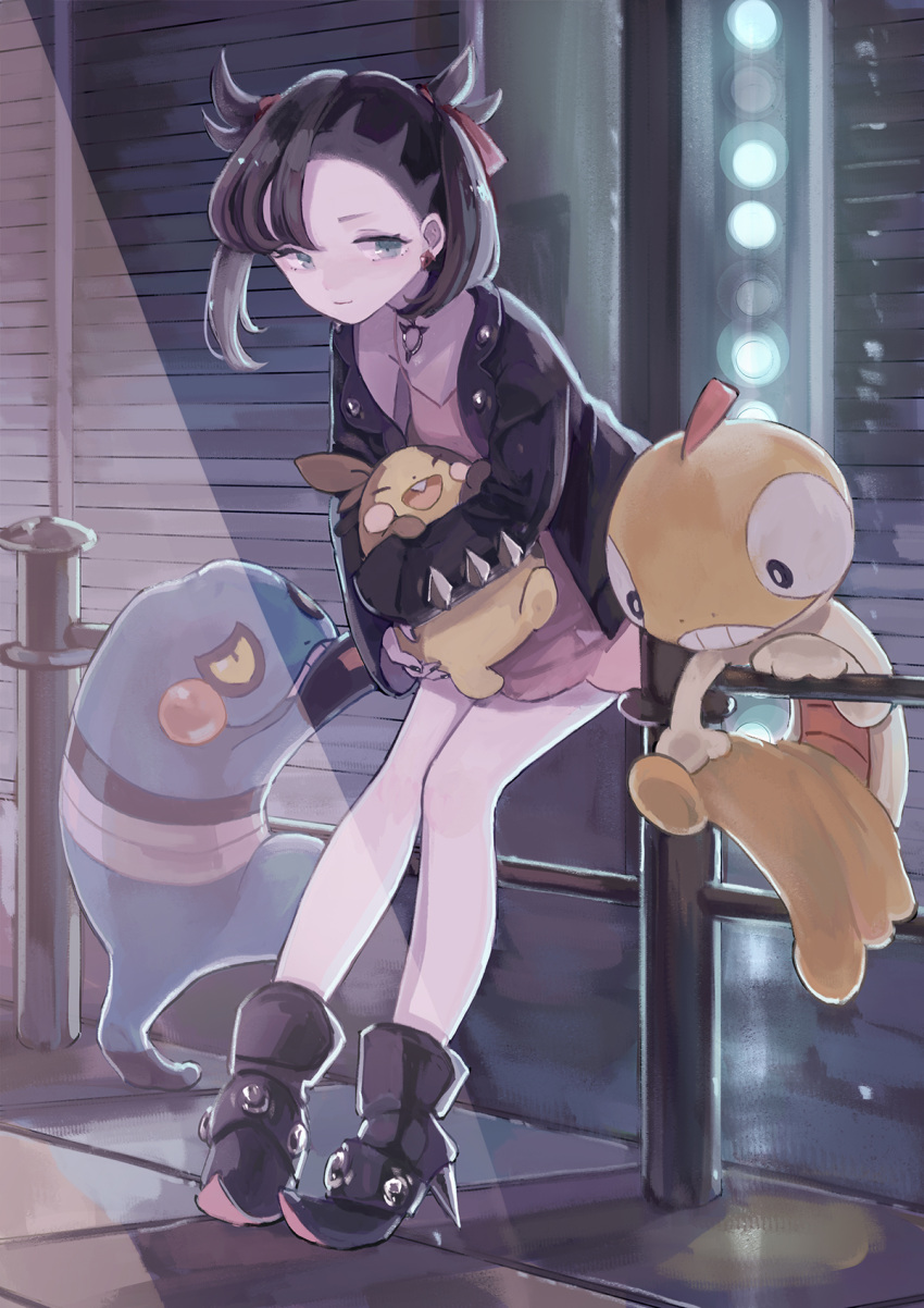 1girl, ankle_boots, asymmetrical_bangs, bangs, black_footwear, black_hair, black_jacket, black_nails, boots, closed_mouth, commentary, croagunk, dress, earrings, fence, green_eyes, hair_ribbon, highres, holding, holding_pokemon, inukai_(inu_kai_tai), jacket, jewelry, marnie_(pokemon), morpeko, morpeko_(full), nail_polish, open_clothes, open_jacket, pigeon-toed, pink_dress, pokemon, pokemon_(creature), pokemon_(game), pokemon_swsh, red_ribbon, ribbon, scraggy, sitting, smile