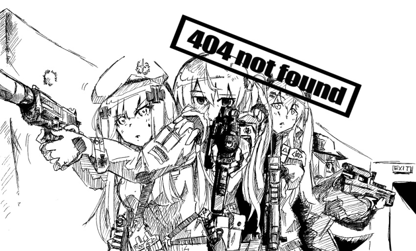 404_(girls'_frontline), 404_logo_(girls'_frontline), 4girls, armband, assault_rifle, bangs, beret, commentary_request, english_text, eyebrows_visible_through_hair, facial_mark, g11_(girls'_frontline), girls_frontline, gloves, gun, h&amp;k_g11, h&amp;k_hk416, h&amp;k_ump45, h&amp;k_ump9, hair_between_eyes, hair_ornament, hairclip, hat, hk416_(girls'_frontline), holding, holding_gun, holding_weapon, indoors, jacket, jamie_leano, long_hair, looking_ahead, looking_at_viewer, looking_back, military_jacket, monochrome, multiple_girls, one_side_up, rifle, scar, scar_across_eye, scar_on_face, teardrop, twintails, ump45_(girls'_frontline), ump9_(girls'_frontline), upper_body, weapon