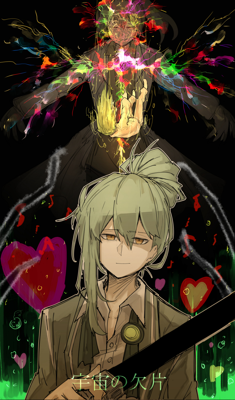 1boy, bubble, closed_eyes, falling, formal, fragment_of_the_universe, green_hair, green_suit