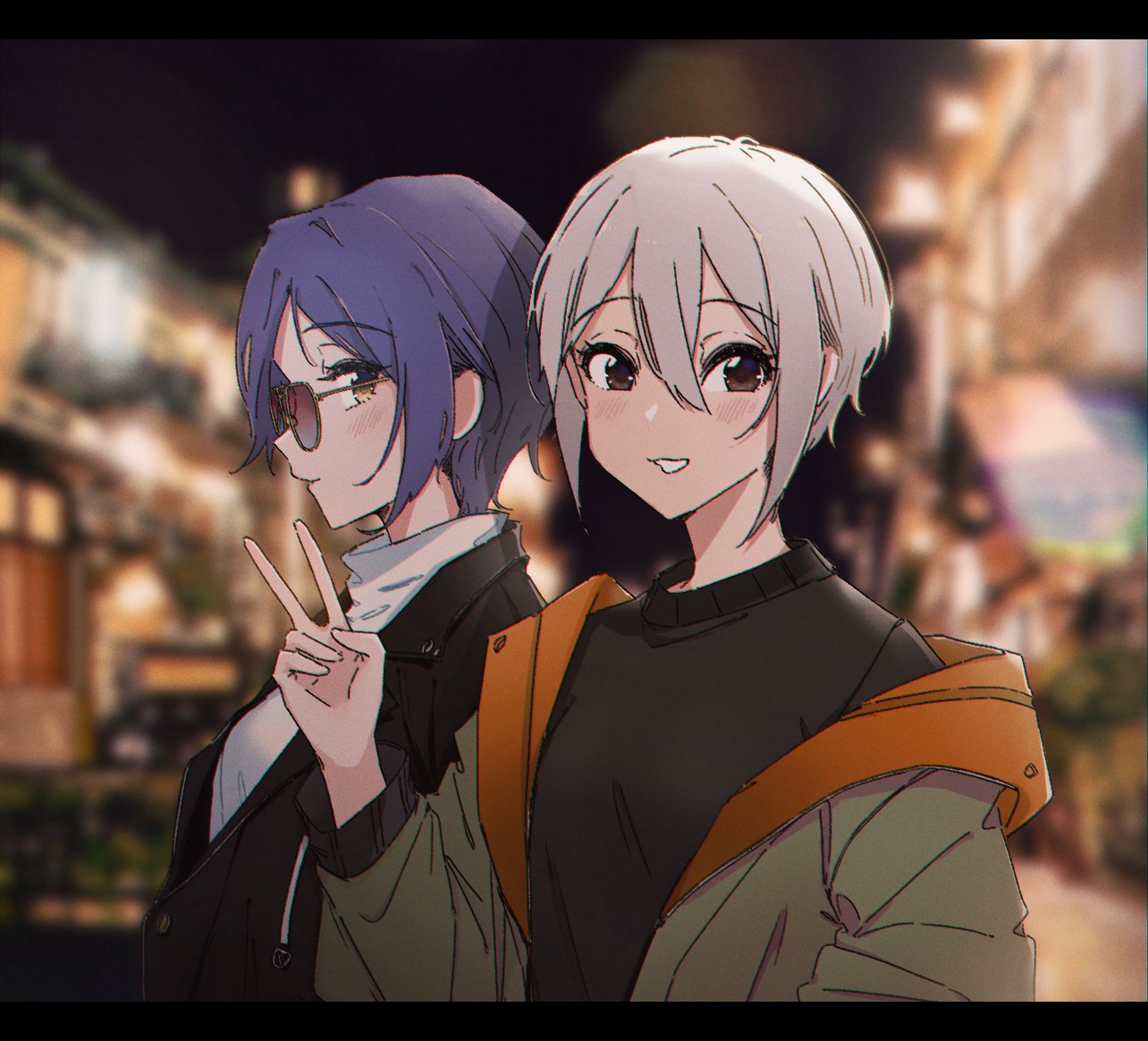 2girls, alternate_costume, bangs, bespectacled, blurry, blurry_background, blush, carho