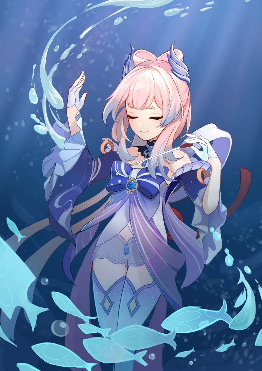 1girl, absurdres, bow, bowtie, closed_eyes, fish, frilled_sleeves, frills