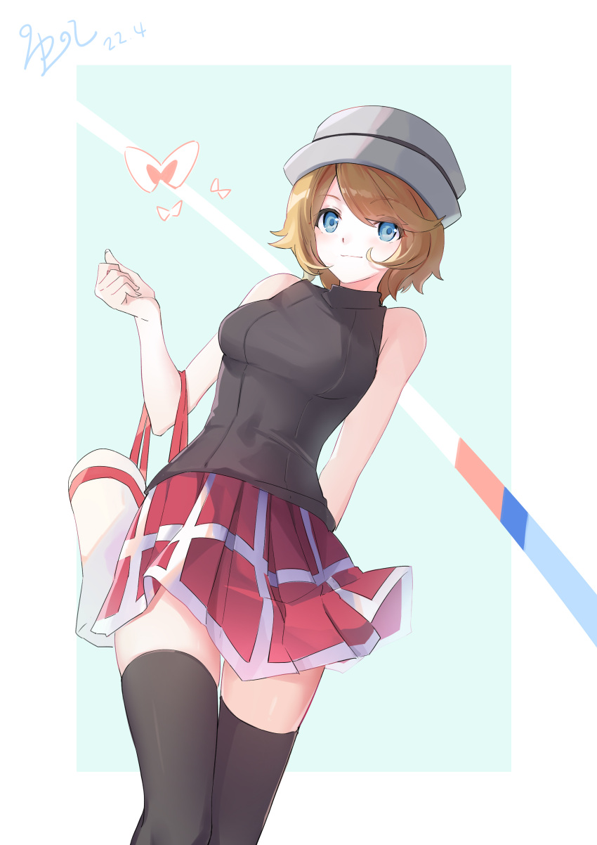 1girl, absurdres, bag, bangs, bare_arms, black_legwear, black_shirt, blue_eyes