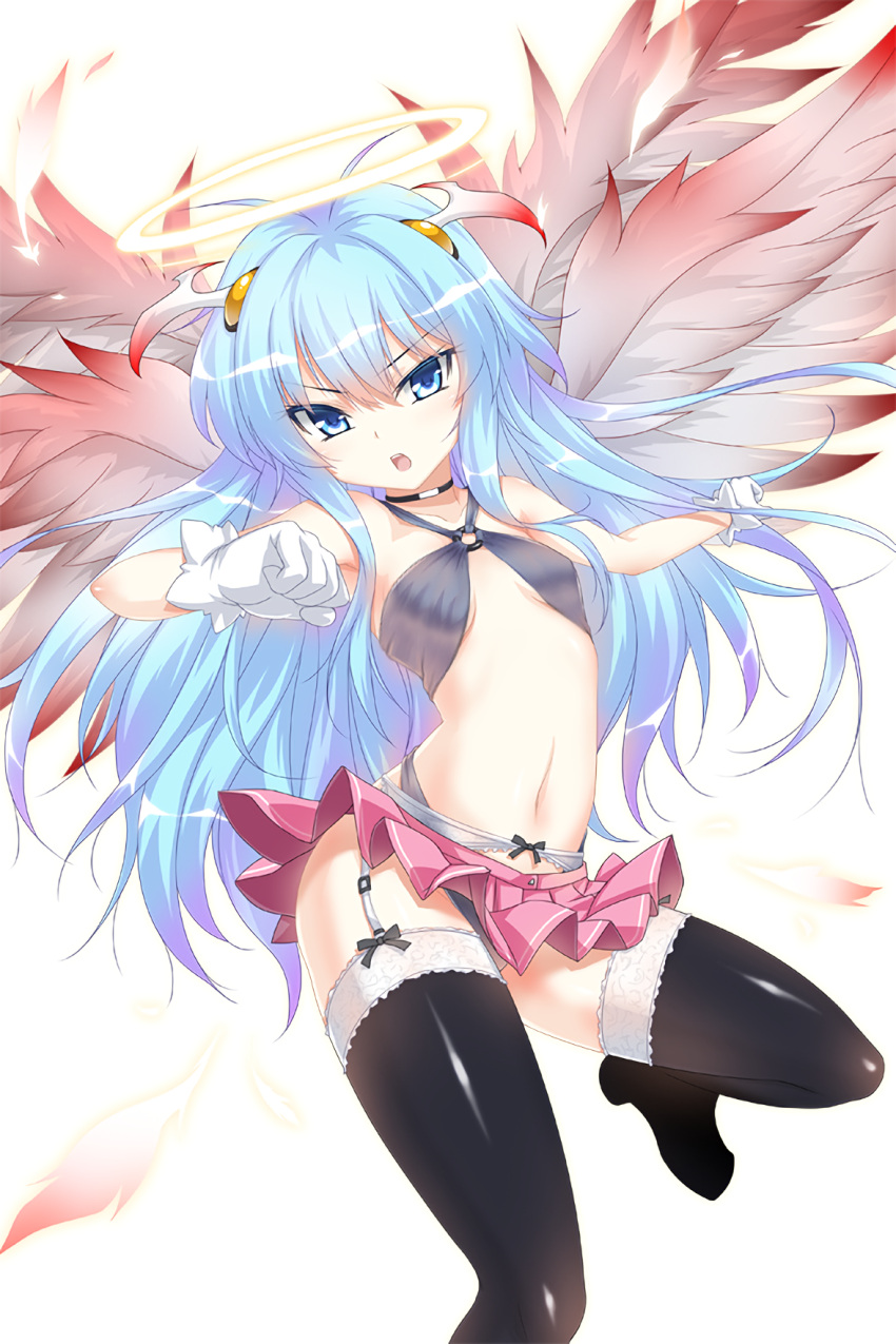 19_(kaitou19), 1girl, anael_(soccer_spirits), angel, antenna_hair, arm_up, bare_shoulders, black_legwear