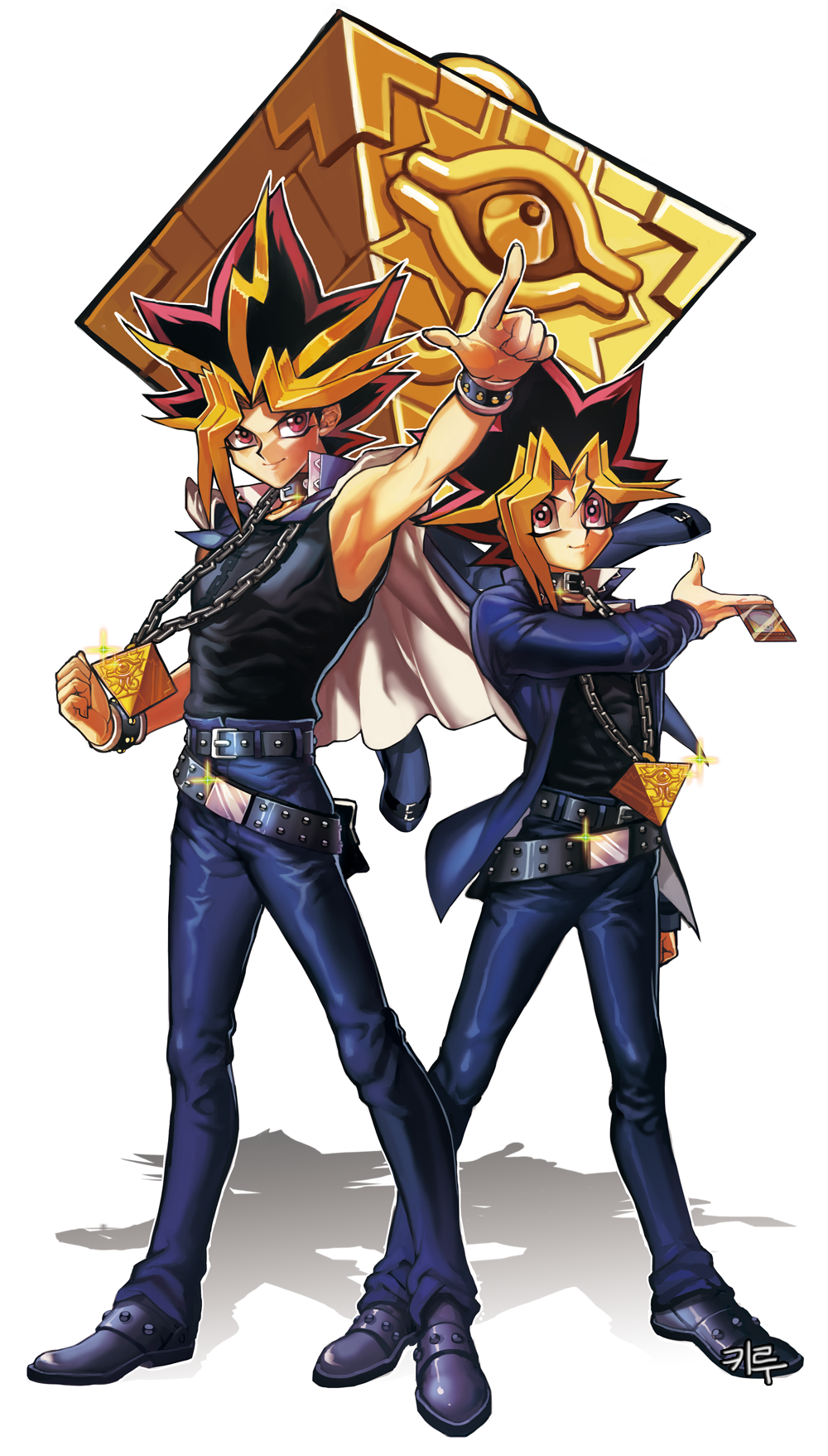 2boys, bangs, belt, belt_collar, black_belt, black_hair, black_shirt, blonde_hair