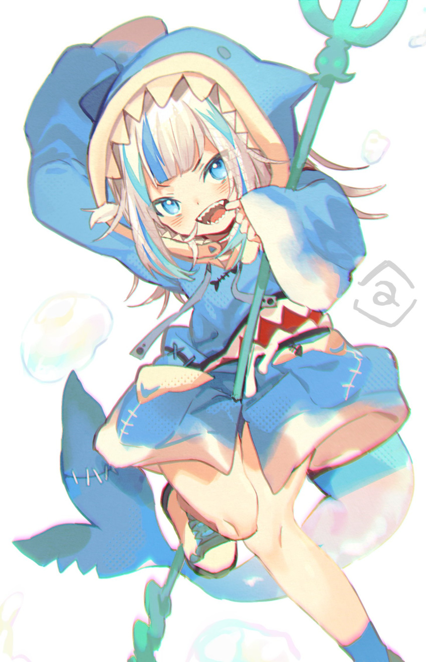 1girl, a, animal_hood, bangs, blue_eyes, blue_hair, blue_hoodie, fish_tail