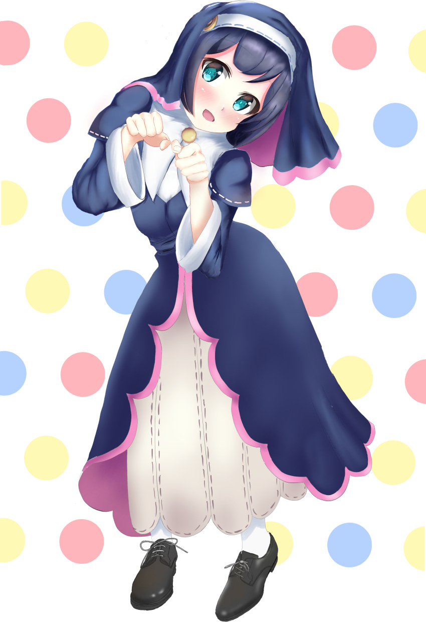 absurdres, aqua_eyes, ass, bunny_pose, duel_monster, highres, long_skirt, long_sleeves, madolche_fresh_sistart, nun, polka_dot, polka_dot_background, skirt, solo_focus, spicetakeo, yu-gi-oh!