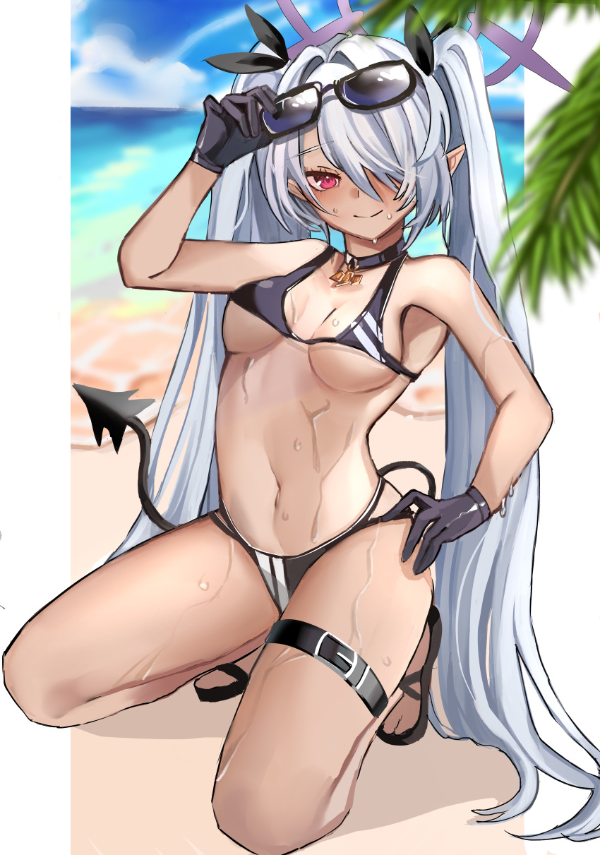 1girl, absurdres, bangs, beach, bikini, black_bikini, black_choker, black_gloves