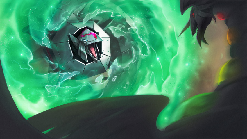 cyber_barrier_dragon, dragon, duel_monster, energy_field, glowing, glowing_eyes, horns, no_humans