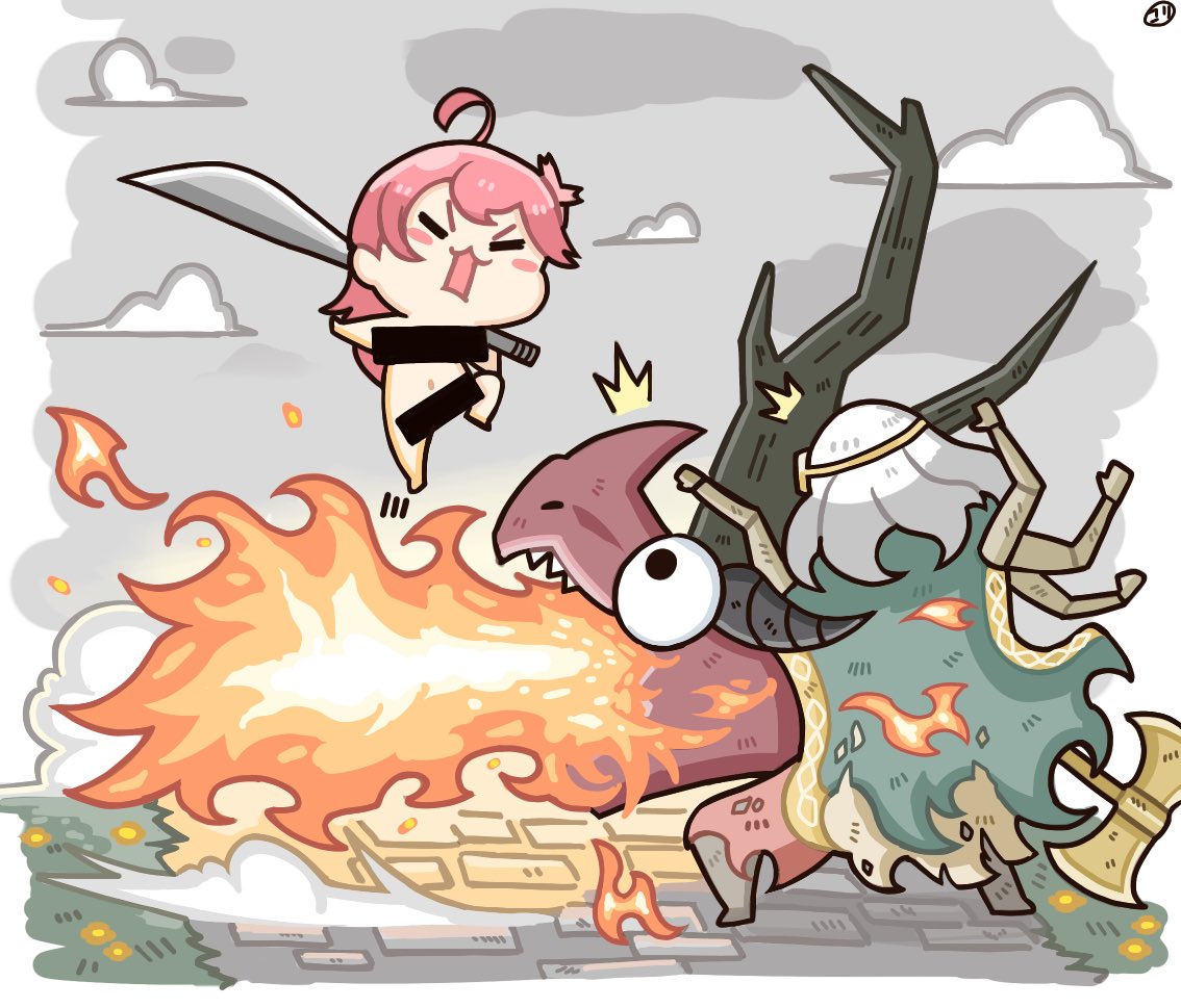 1boy, 1girl, ahoge, axe, bar_censor, breathing_fire, censored, chibi