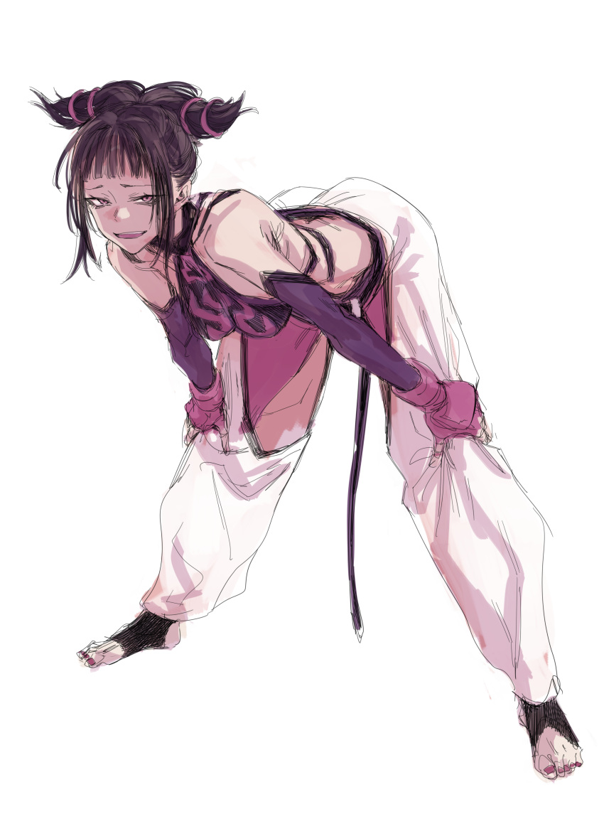 1girl, absurdres, armpit_crease, bare_bush, bent_over, brown_hair, detached_sleeves, fingerless_gloves, gloves, grey_background, han_juri, hands_on_own_knees, highres, ikuhana_niiro, long_hair, looking_at_viewer, nail_polish, open_mouth, pink_eyes, pink_gloves, pink_nails, simple_background, sketch, solo, street_fighter, teeth, toenail_polish, toenails, upper_teeth, white_background