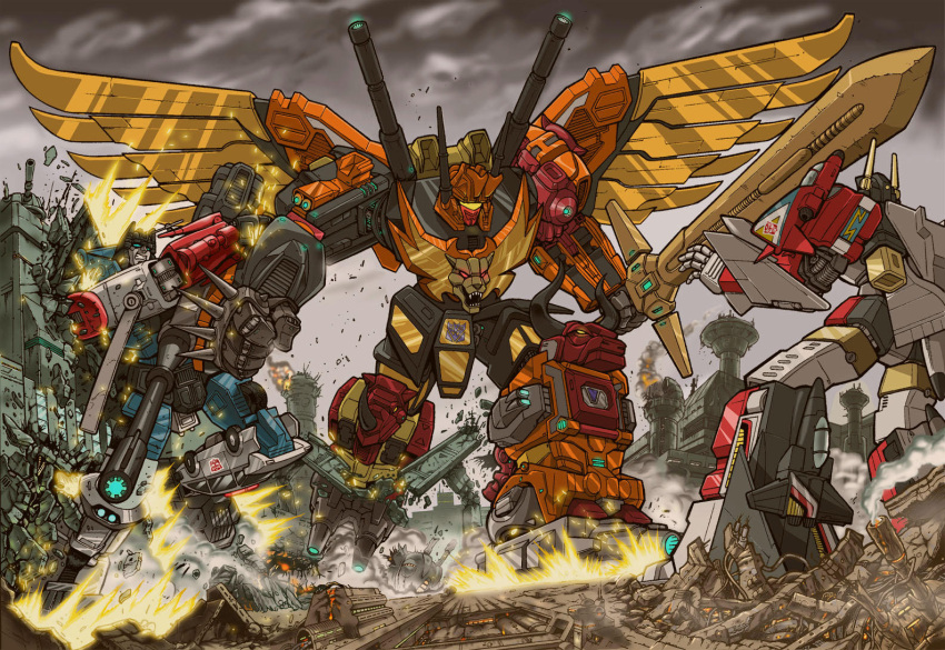 3boys, alien, arm_cannon, armor, autobot, battle, blue_eyes, cannon
