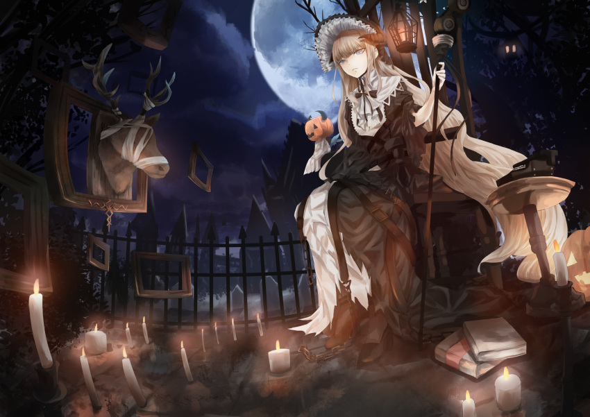 1girl, animal_head, arknights, blonde_hair, candle, candlestand, fence, gothic_lolita, hachiware_(kagisippo2), highres, horns, lantern, lolita_fashion, long_hair, long_skirt, moon, moose, night, night_sky, nightingale_(arknights), skirt, skull, sky, solo, staff, tagme, very_long_hair