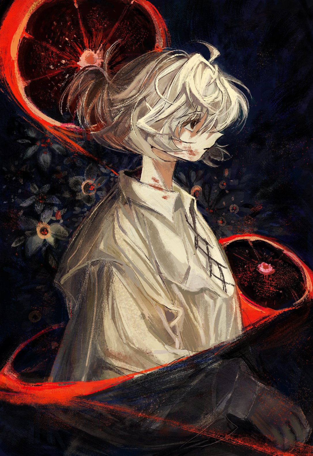 12anchovy, 1boy, ahoge, blood, blood_on_clothes, blood_on_face, brown_eyes, closed_mouth, eyebrows_visible_through_hair, eyes_visible_through_hair, flower, food, fruit, grey_flower, grey_hair, highres, long_hair, male_focus, orange_(fruit), original, solo, tied_hair