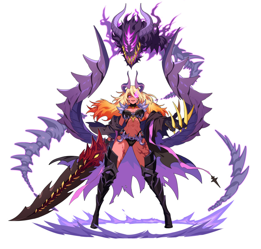 1girl, absurdres, armored_boots, blonde_hair, boots, breasts, cape, claws